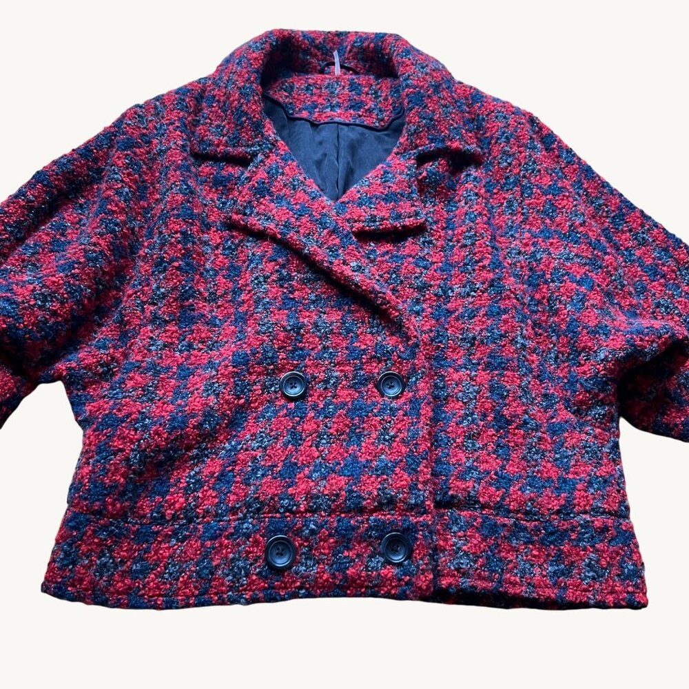 Free People Size S Red Houndstooth Slouchy Oversized Boucle Boyfriend Jacket